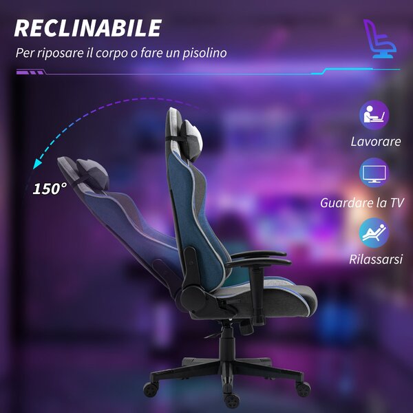 Ergonomická herní židle Vinsetto s opěrkami, opěrkou hlavy, nastavitelnou výškou a sklápěcí kancelářská herní židle v lněné tkanině s houpací funkcí a