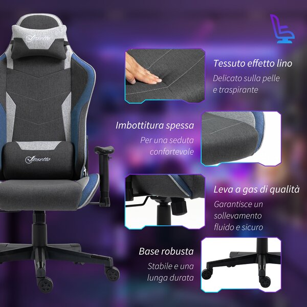 Ergonomická herní židle Vinsetto s opěrkami, opěrkou hlavy, nastavitelnou výškou a sklápěcí kancelářská herní židle v lněné tkanině s houpací funkcí a