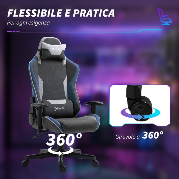 Ergonomická herní židle Vinsetto s opěrkami, opěrkou hlavy, nastavitelnou výškou a sklápěcí kancelářská herní židle v lněné tkanině s houpací funkcí a