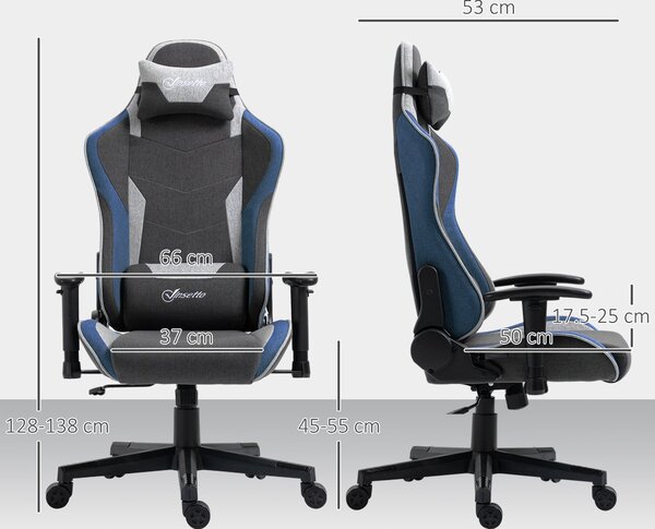 Ergonomická herní židle Vinsetto s opěrkami, opěrkou hlavy, nastavitelnou výškou a sklápěcí kancelářská herní židle v lněné tkanině s houpací funkcí a