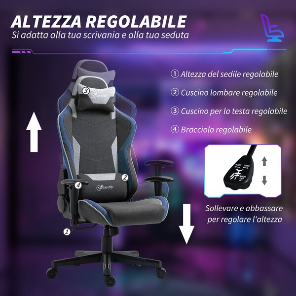 Ergonomická herní židle Vinsetto s opěrkami, opěrkou hlavy, nastavitelnou výškou a sklápěcí kancelářská herní židle v lněné tkanině s houpací funkcí a