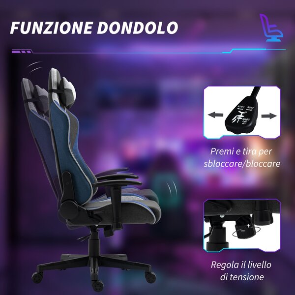 Ergonomická herní židle Vinsetto s opěrkami, opěrkou hlavy, nastavitelnou výškou a sklápěcí kancelářská herní židle v lněné tkanině s houpací funkcí a