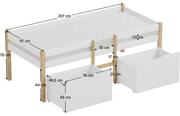 Kondela Postel s úložným prostorem, 90x200, dub/bílá, JUNA