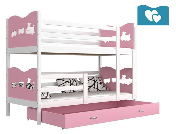 Dětská patrová postel FOX 2 COLOR + matrace + rošt ZDARMA, 190x80, bílý/růžový - srdíčka