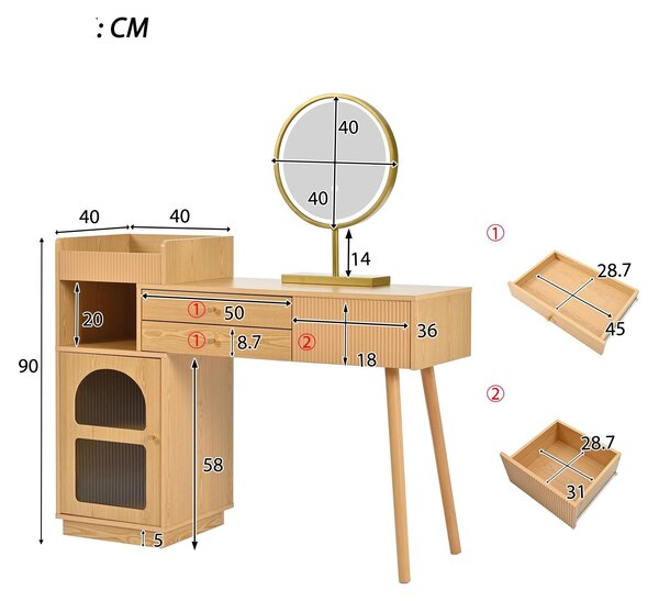 Kosmetický stolek - Toaletní stolek - Kosmetické psací stůl - Kosmetický nábytek - Trojité LED osvětlení - Prostorné úložné prostory
