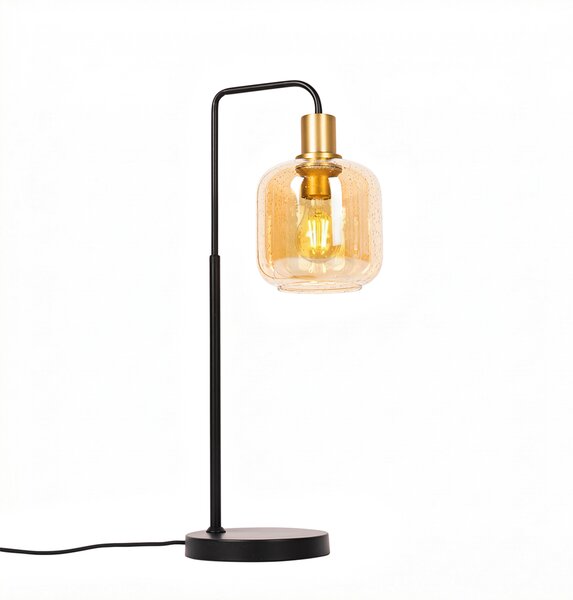 Designová stolní lampa černá s mosazí a jantarovým sklem - Zuzanna