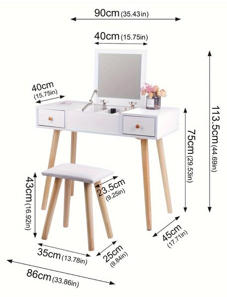 Kosmetický stolek - Toaletní stolek - Stolek na líčení - Bílý - Skandinávský design
