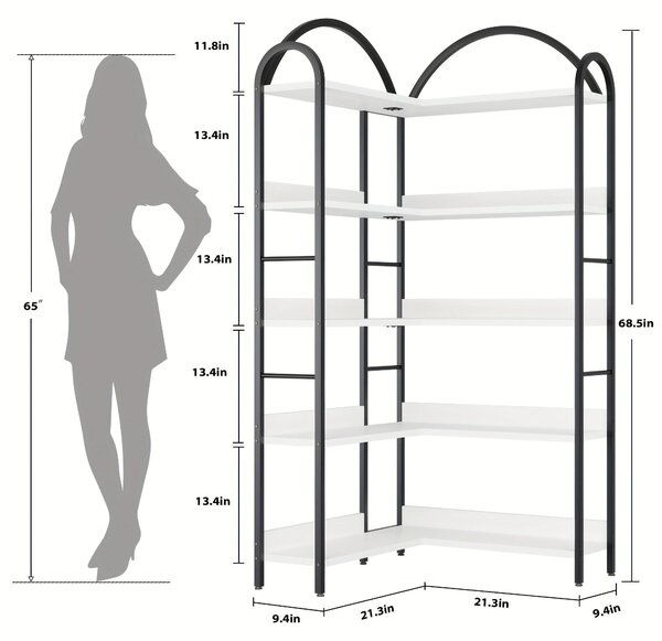 Rohová knihovna – extra vysoká – 5 polic – průmyslový design, kov a MDF – tvar L – černá barva