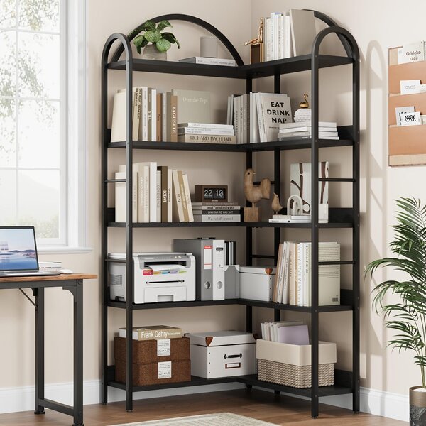 Rohová knihovna – extra vysoká – 5 polic – průmyslový design, kov a MDF – tvar L – černá barva