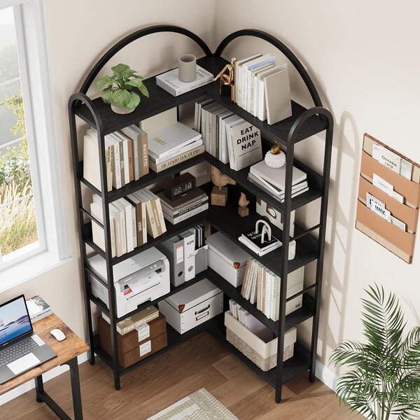 Rohová knihovna – extra vysoká – 5 polic – průmyslový design, kov a MDF – tvar L – černá barva