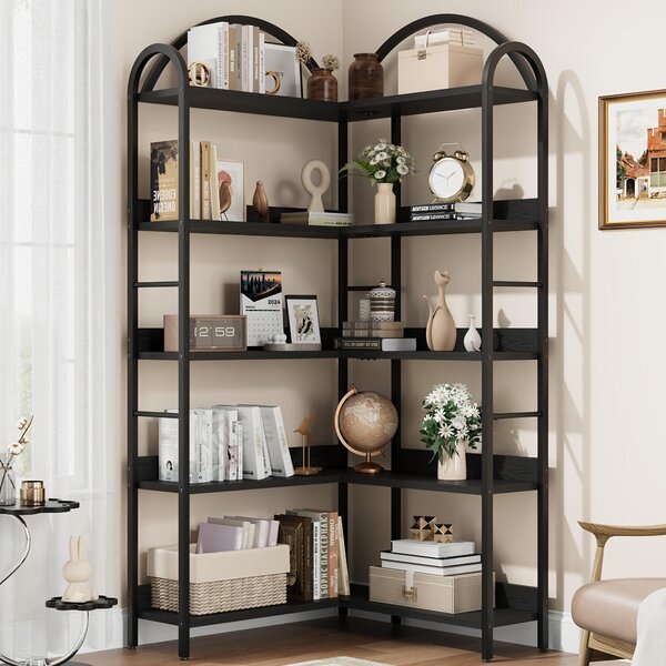 Rohová knihovna – extra vysoká – 5 polic – průmyslový design, kov a MDF – tvar L – černá barva