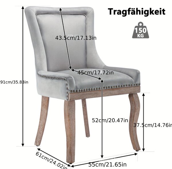 Jídelní židle – Sada 2 křesel – Retro židle z bambusu s šedou látkou a ozdobnými hřebíčky