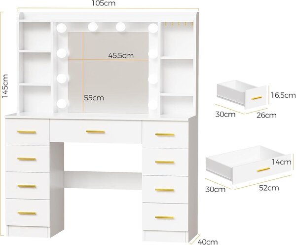 Kosmetický stolek - Toaletní stolek - Stolek pro líčení - Stolek s osvětlením - LED zrcadlo - 9 zásuvek a 3 barevné LED osvětlení