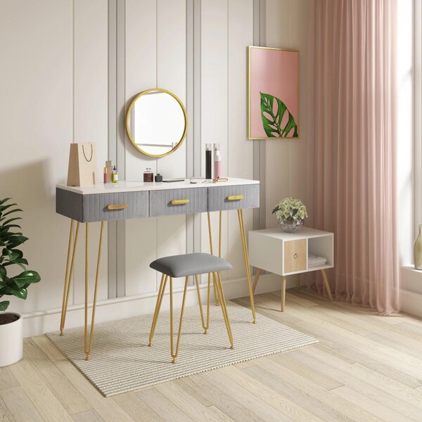 Elegantní toaletní stolek se zrcadlem a stoličkou - Moderní komoda - Bílá / Růžová - 3 zásuvky - 100 x 40 x 77 cm