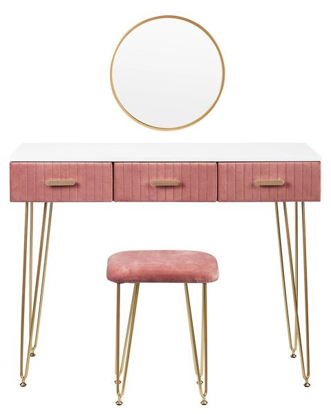 Elegantní toaletní stolek se zrcadlem a stoličkou - Moderní komoda - Bílá / Růžová - 3 zásuvky - 100 x 40 x 77 cm