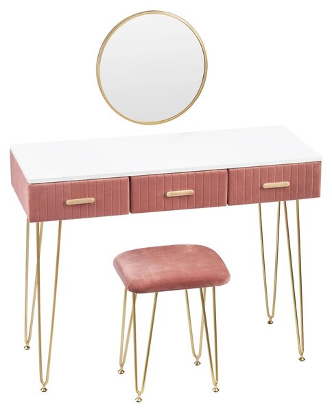 Elegantní toaletní stolek se zrcadlem a stoličkou - Moderní komoda - Bílá / Růžová - 3 zásuvky - 100 x 40 x 77 cm