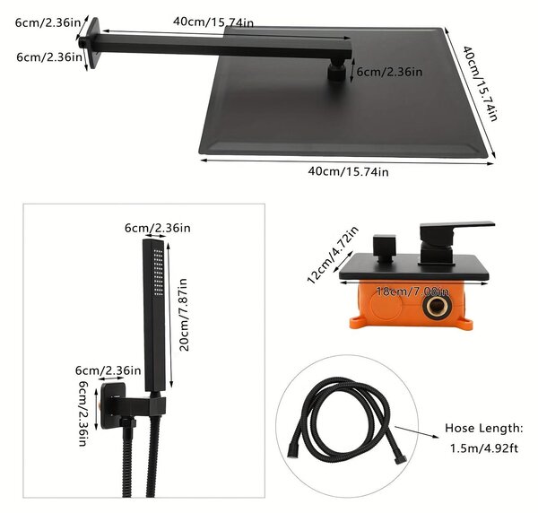 Vestavěná sprchová sada, 40 cm, klasická černá barva, elegantní design, otočná sprchová hlavice o 360° a hadice