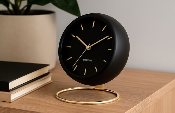 Present time Černo-zlatý kovový kulatý budík Belene M