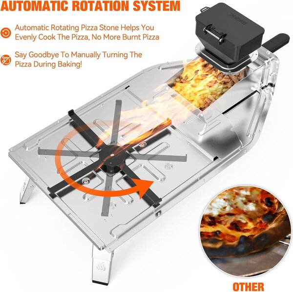 Pizza pec na dřevní pelety s automatickým otočným systémem, přenosná pizza pec s 33cm kamennou deskou, venkovní pizza pec pro pikniky, oslavy a kempování, černá barva