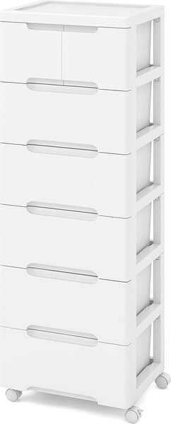 COSTWAY Skříňka do niky vertikální úložná skříňka, komoda se 7 zásuvkami, univerzální a uzamykatelná kolečka, koupelnový vozík 40x 32 x 114 cm Bílá