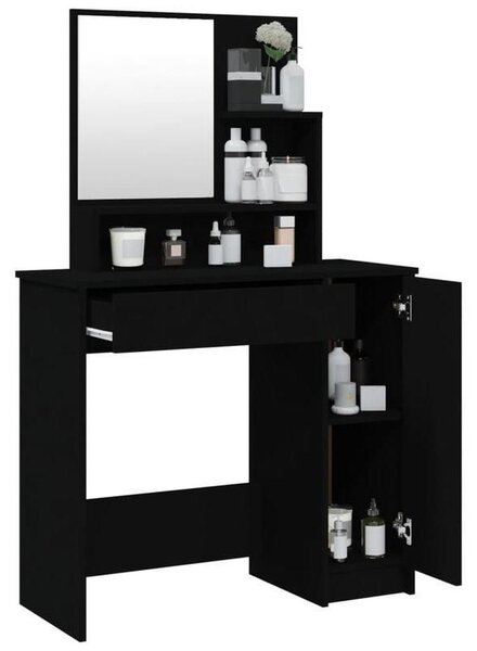 Kosmetický stolek s velkým zrcadlem a stoličkou – konstrukce z tmavého dřeva, kompaktní rozměry 86x36x135 cm