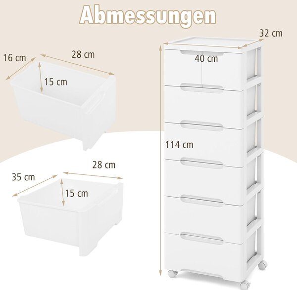 COSTWAY Skříňka do niky vertikální úložná skříňka, komoda se 7 zásuvkami, univerzální a uzamykatelná kolečka, koupelnový vozík 40x 32 x 114 cm Bílá