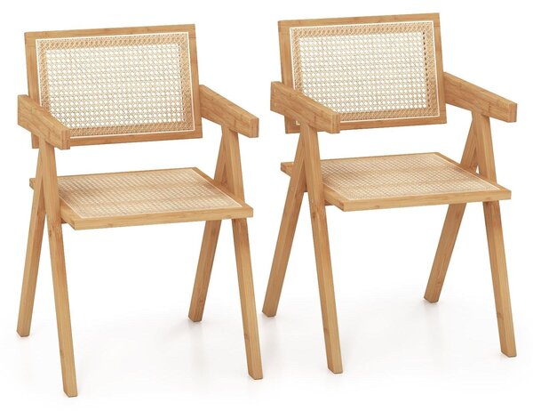 Jídelní židle z ratanu, sada dvou bistro křesel s přírodní bambusovou konstrukcí a designem v retro stylu