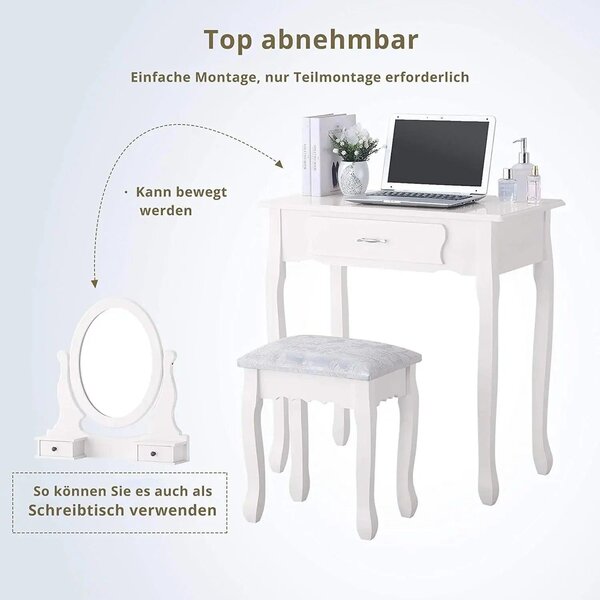 Kosmetický stolek - Toaletní stolek - Stolek s úložným prostorem - Stolek na šperky - Bílý MDF materiál - Nastavitelný zrcadlo - 3 prostorné zásuvky