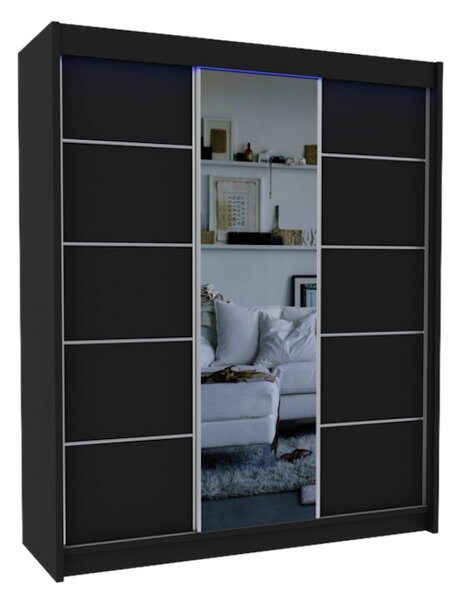 Skříň s posuvnými dveřmi a zrcadlem MAKIRA, černá, 180x216x61
