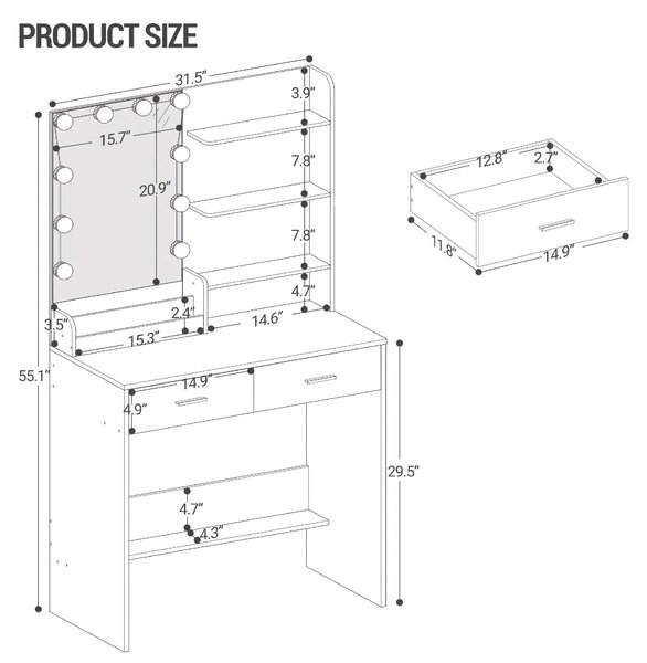 Kosmetický stolek - Toaletní stolek - Stolek na líčení - Kaptafel - Bílá barva - LED osvětlení s nastavitelnou intenzitou