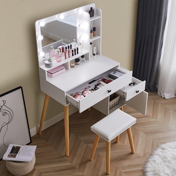 Bílý toaletní stolek – stolek na líčení – komoda s zrcadlem – stolek na make-up – s dvěma zásuvkami
