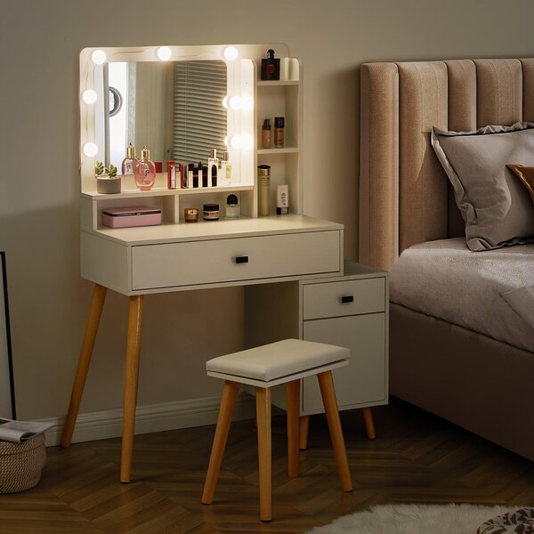Bílý toaletní stolek – stolek na líčení – komoda s zrcadlem – stolek na make-up – s dvěma zásuvkami