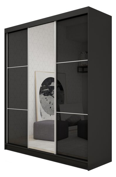 Skříň s posuvnými dveřmi a zrcadlem VIVIANA, černá, 180x216x61