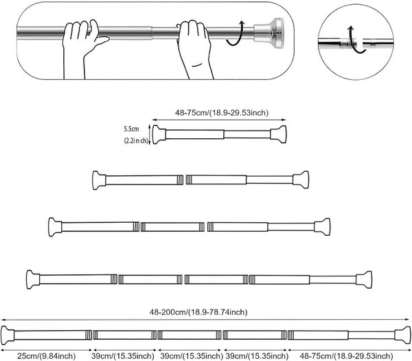 Závěsná tyč na sprchový závěs, výsuvná, 48-200 cm, bez vrtání, nerezová ocel 304, teleskopická tyč, černá, protiskluzová, odolná proti korozi, vhodná pro okna