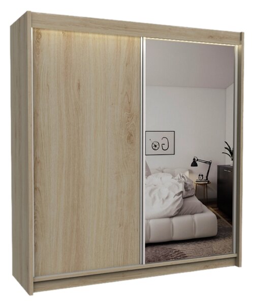 Skříň s posuvnými dveřmi a zrcadlem PATTI + Tichý dojezd, sonoma,200x216x61