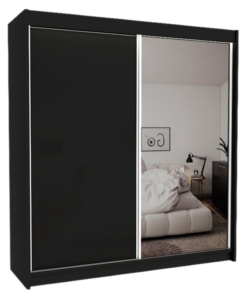 Skříň s posuvnými dveřmi a zrcadlem TARRA + Tichý dojezd, černá, 200x216x61