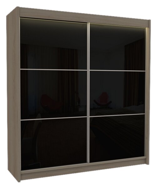 Skříň s posuvnými dveřmi VIVIANA, sonoma/černé sklo, 200x216x61