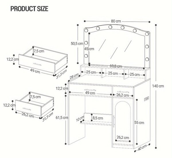 Kosmetický stolek – Toaletní stolek – Stolek pro líčení – Stolek pro kosmetické procedury – Velké zrcadlo s vysokým rozlišením, rozměry 45x70 cm