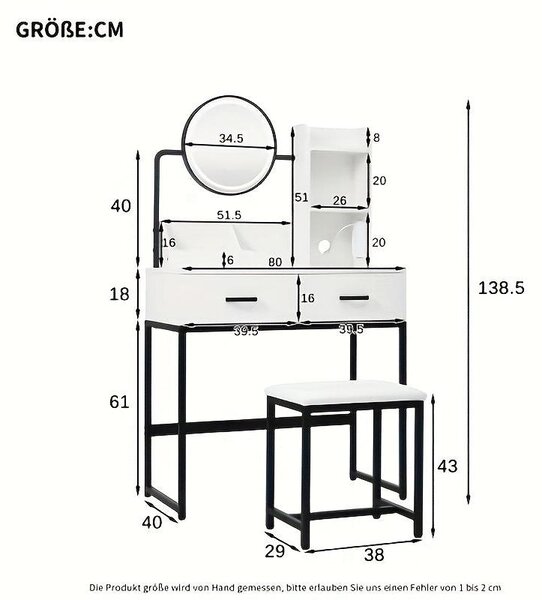 Toaletní stolek – Moderní design – Velké zrcadlo – Odolná konstrukce z bambusu – Bílá barva