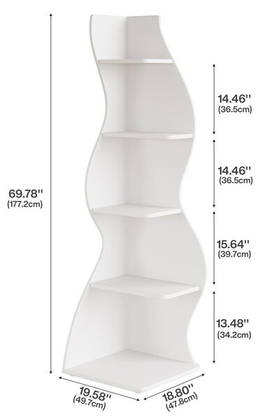 Moderná bílá rohová knihovna s 5 úrovněmi, která slouží jako elegantní stojan na knihy a stojan na rostliny
