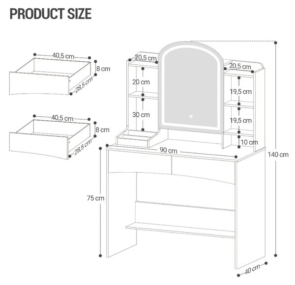 Kosmetický stolek - Toaletní stolek - Stolek na líčení - Šířka 90 cm - Bílá barva
