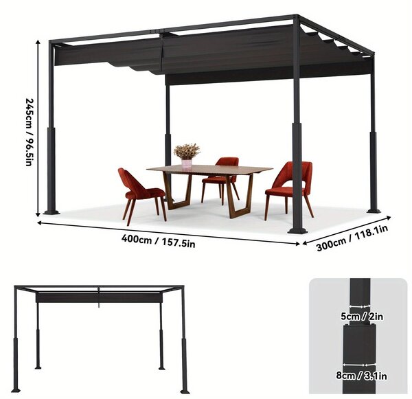 Pergola – Zahradní přístřešek – Baldachýn – Sluneční clona – Zahradní pavilón – Rozměry 3x3 metry – Posuvná střecha – Ocelová konstrukce