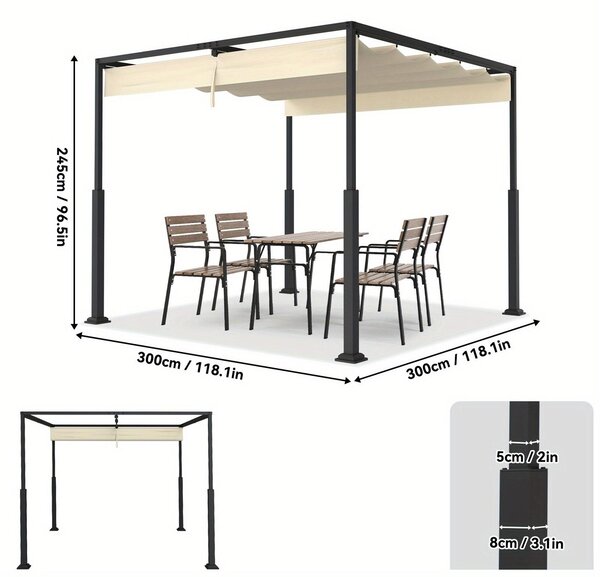 Pergola – Zahradní přístřešek – Baldachýn – Sluneční clona – Zahradní pavilón – Rozměry 3x3 metry – Posuvná střecha – Ocelová konstrukce