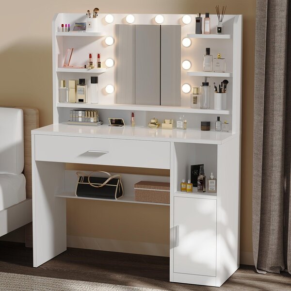 Kosmetický stolek - Toaletní stolek - Stolek s úložným prostorem - Stolek s osvětlením - Bílá barva - Materiál: MDF. Funkce: USB osvětlení