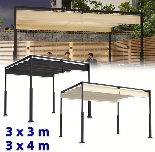 Pergola – Zahradní přístřešek – Baldachýn – Sluneční clona – Zahradní pavilón – Rozměry 3x3 metry – Posuvná střecha – Ocelová konstrukce
