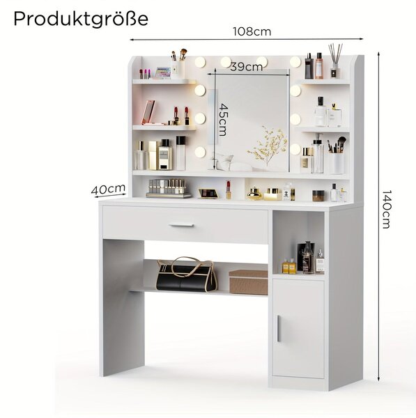 Kosmetický stolek - Toaletní stolek - Stolek s úložným prostorem - Stolek s osvětlením - Bílá barva - Materiál: MDF. Funkce: USB osvětlení