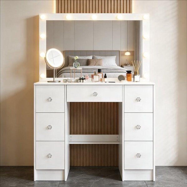 Toaletní stolek s LED zrcadlem - 100x40x140 cm - Moderní nábytek do ložnice s 7 zásuvkami, vyrobený z bílé MDF