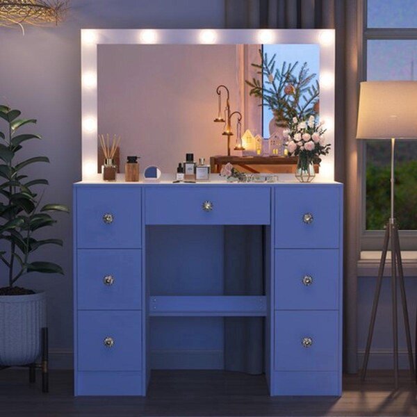 Toaletní stolek s LED zrcadlem - 100x40x140 cm - Moderní nábytek do ložnice s 7 zásuvkami, vyrobený z bílé MDF