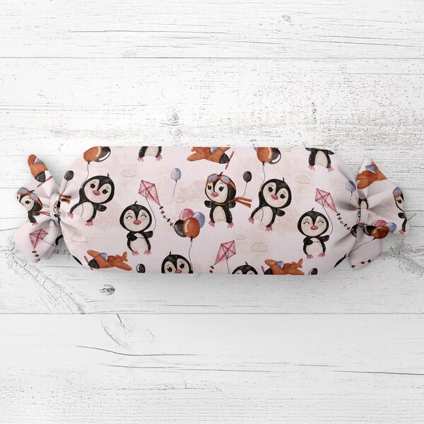 Biante Dětský polštář válec bonbon Sandra SA-647 Tučňáčci s hnědými letadélky na bílém 15x40 cm