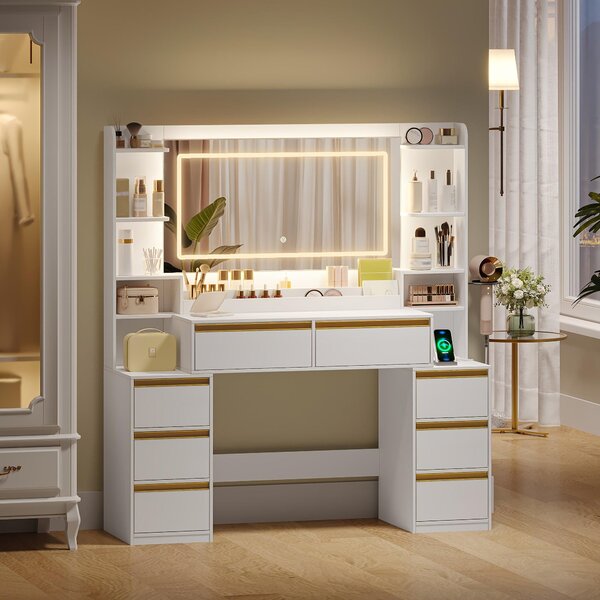 Kosmetický stolek - Toaletní stolek - Stolek na líčení - Moderní design - Velké zrcadlo - Bílá barva